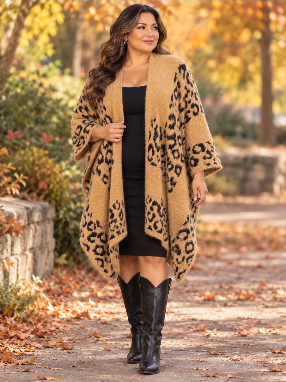 Leopard-Print Open Front Cardigan - Camel